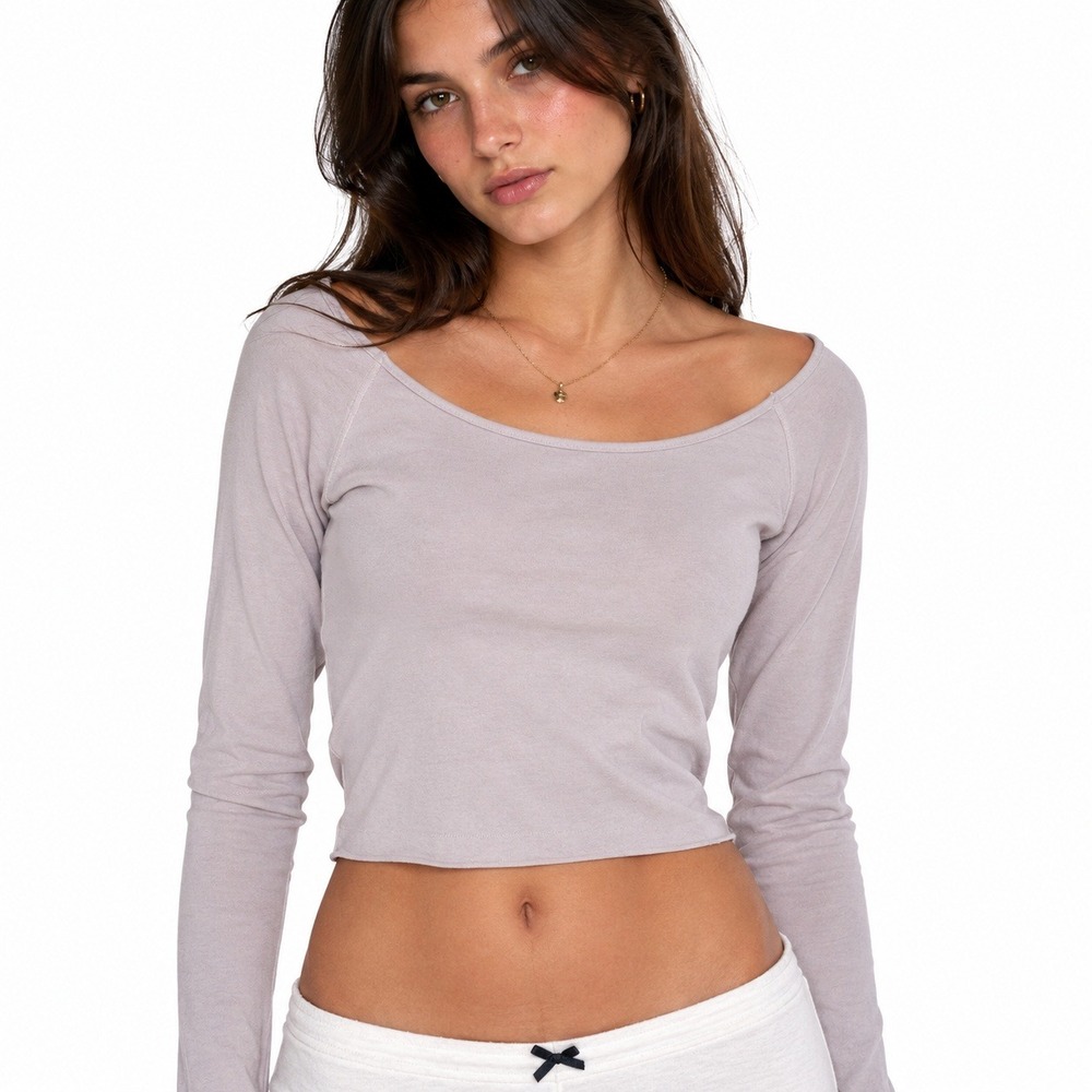 John Galt Womens Mauve Scoop Neck Long Sleeve Cropped Top One Size